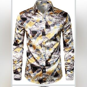 Zeroyaa Men's Artistic Print Button Down Shirt